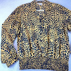 NWOT Vintage JUDY BOND Womens 14 Animal Print Smocked Waist Button V-Neck Blouse
